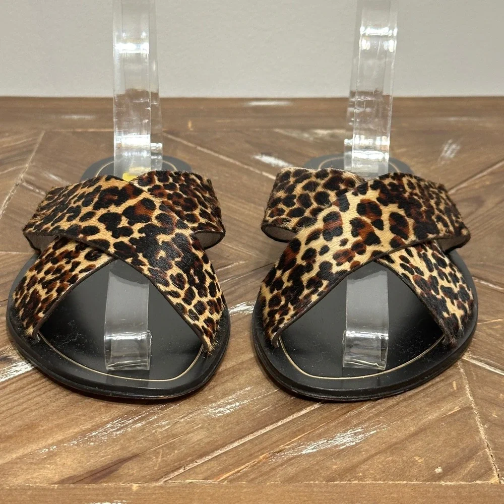 J. Crew Leopard Calf Hair Crisscross Slide Sandals Womens 7 Brown Leather B6690
